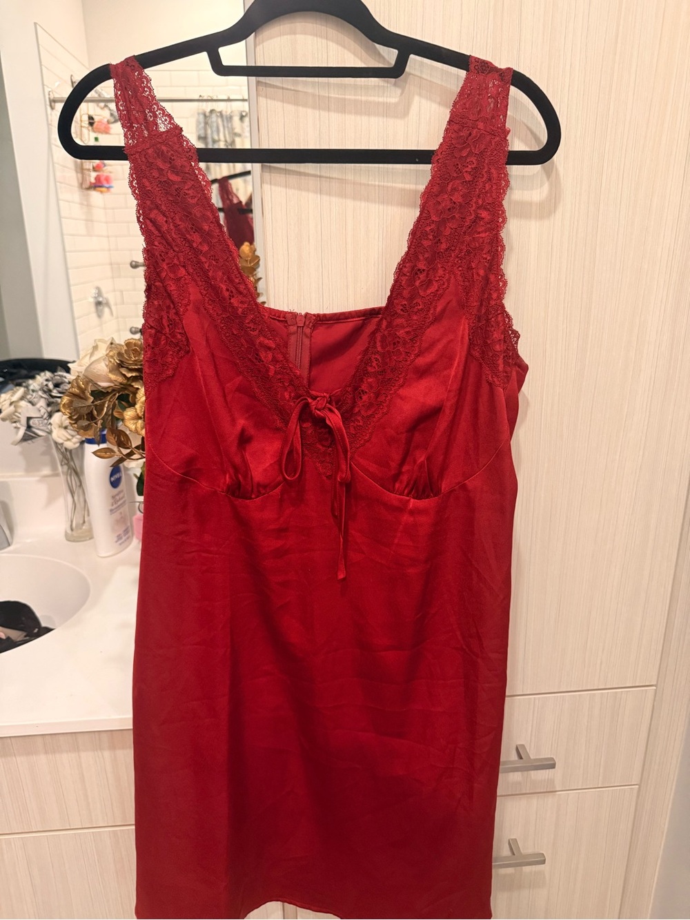 Cider Red Satin Lace-Trim Chemise